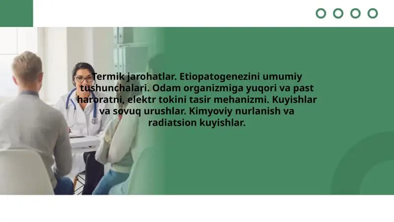 Termik jarohatlar. Etiopatogenezini umumiy tushunchalari. Odam organizmiga yuqori va past haroratni, elektr tokini tasir mehanizmi. Kuyishlar va sovuq urushlar. Kimyoviy nurlanish va radiatsion kuyishlar