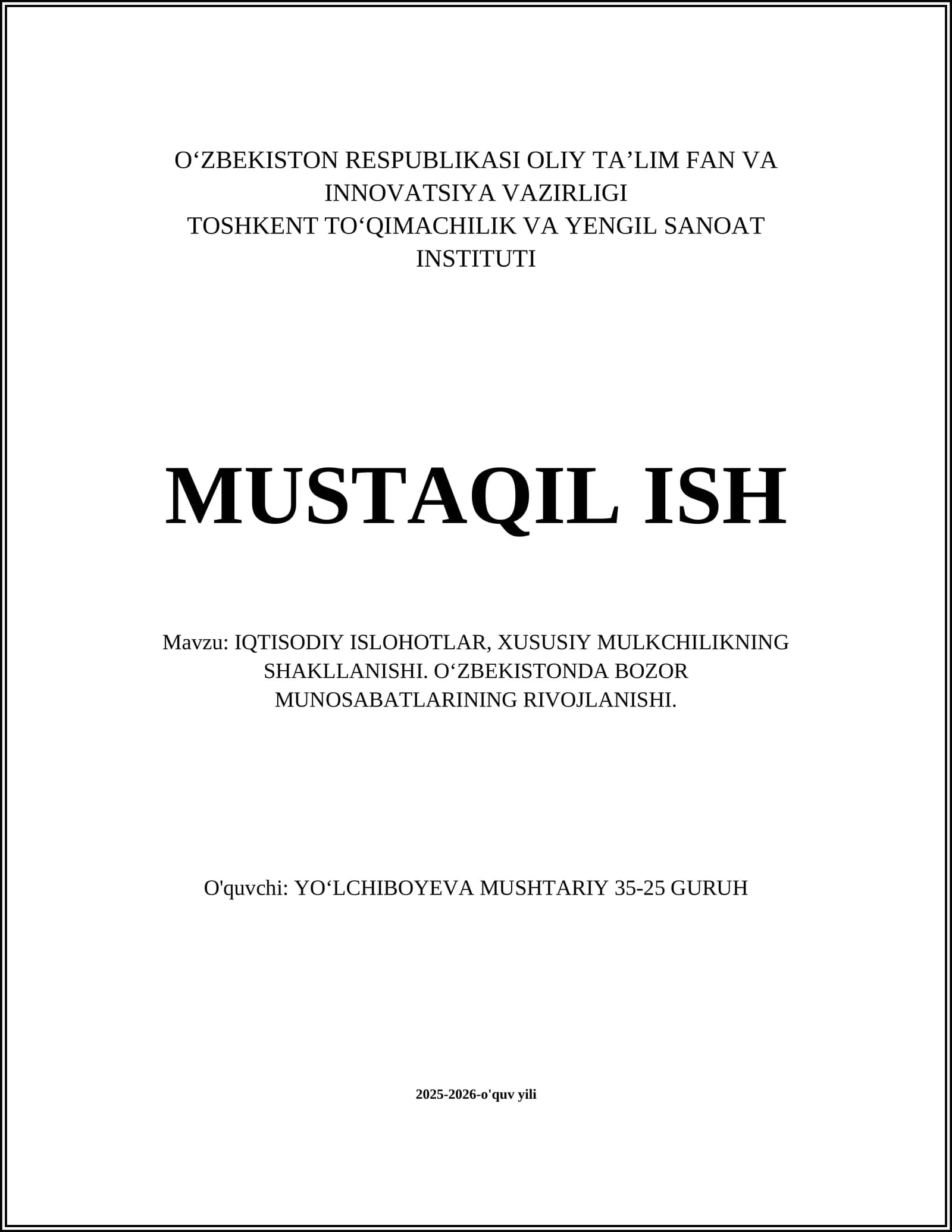 IQTISODIY ISLOHOTLAR, XUSUSIY MULKCHILIKNING SHAKLLANISHI