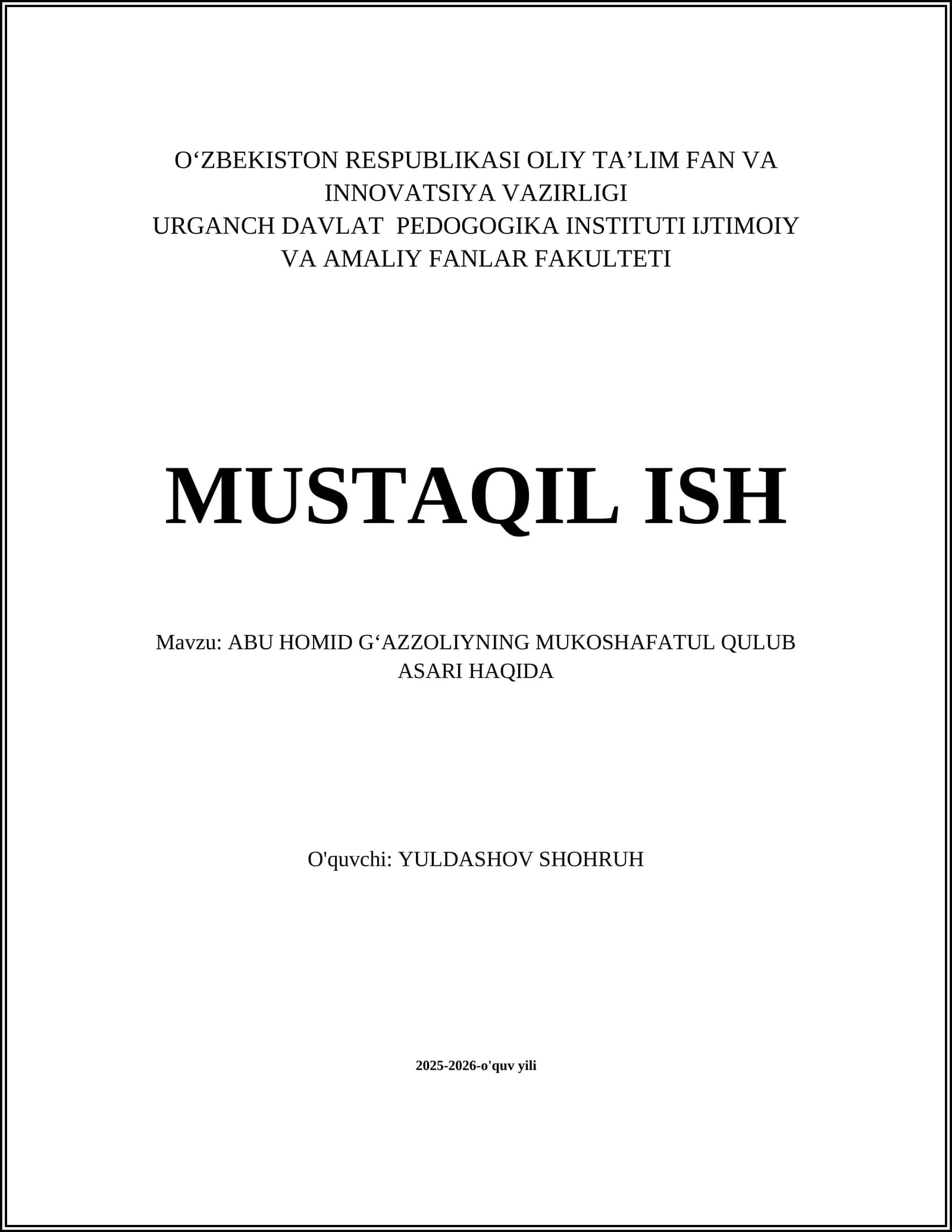 ABU HOMID GʻAZZOLIYNING MUKOSHAFATUL QULUB ASARI