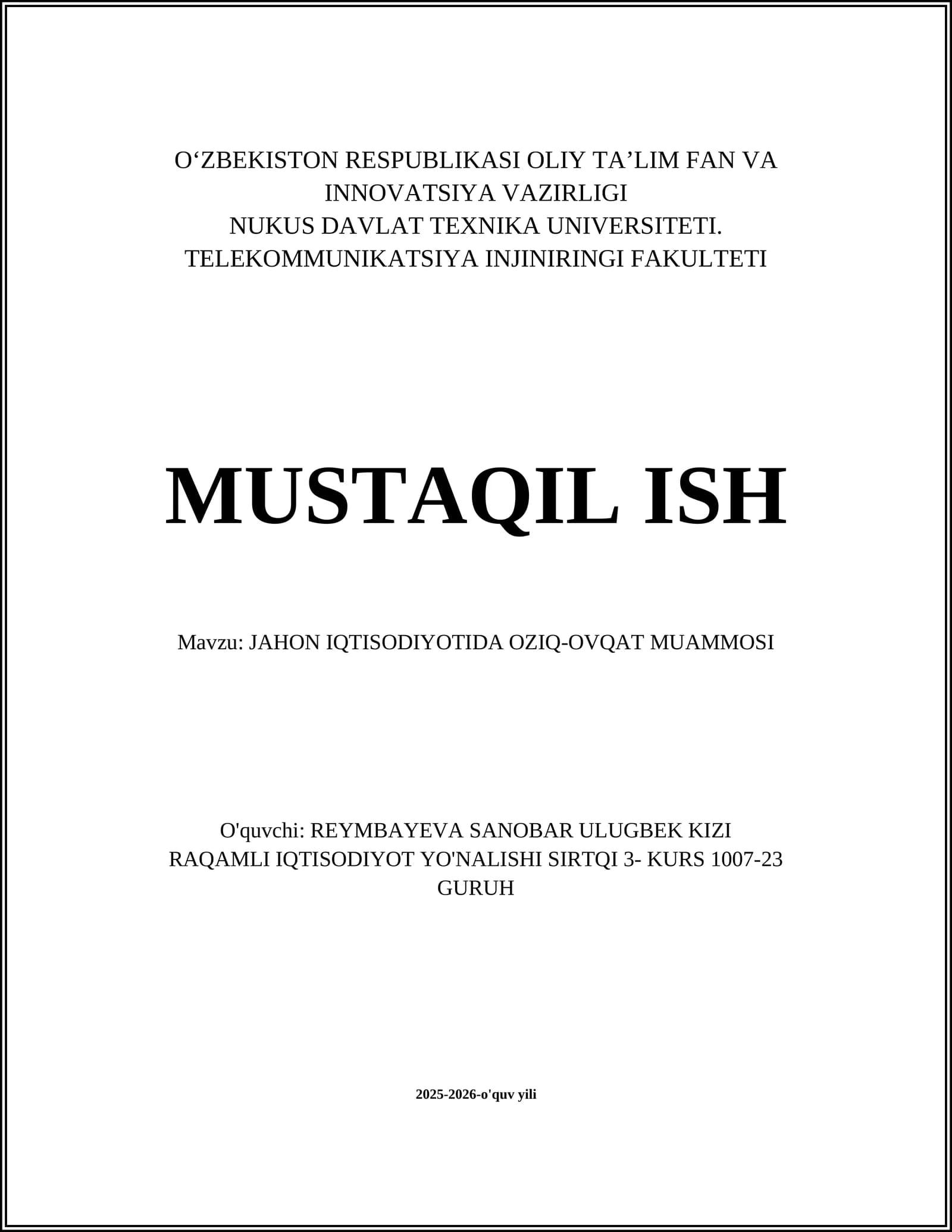 JAHON IQTISODIYOTIDA OZIQ-OVQAT MUAMMOSI