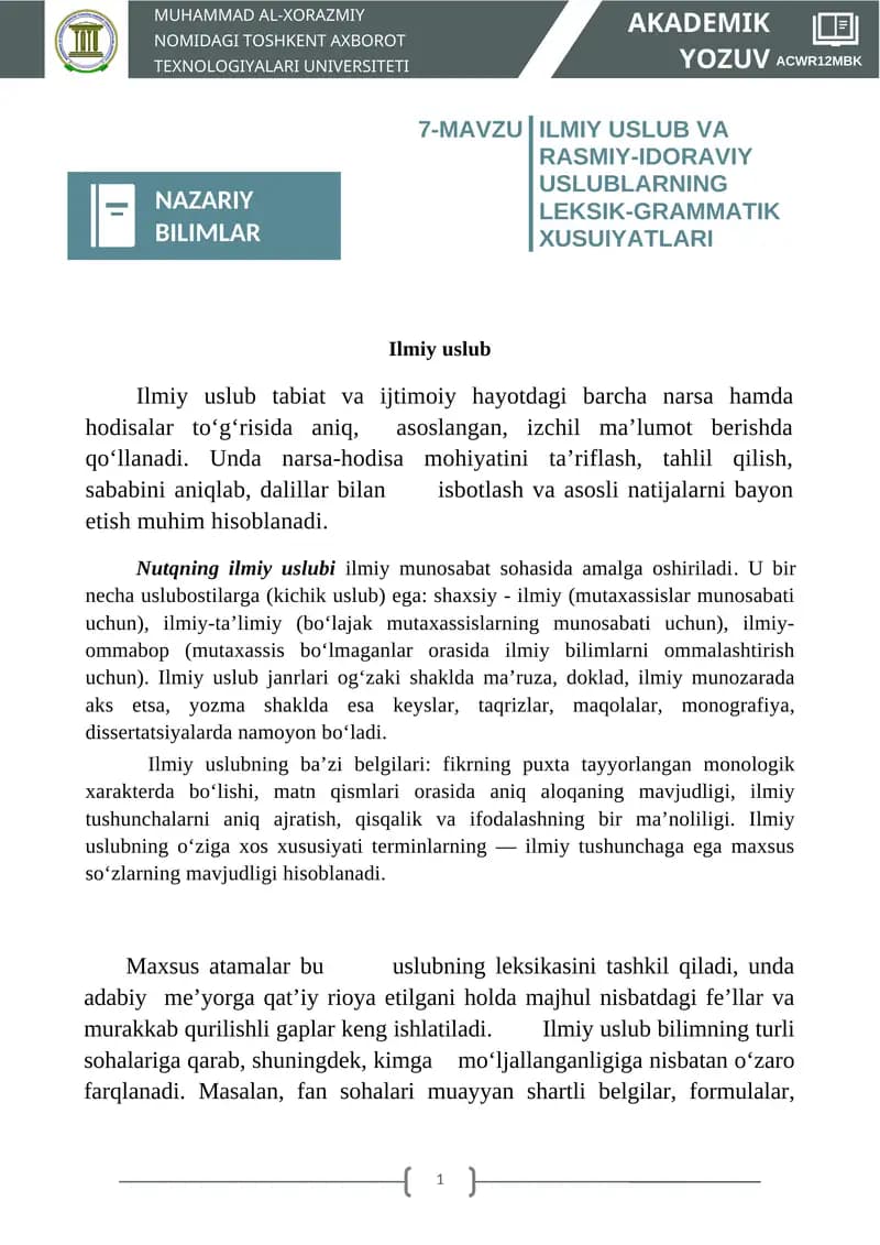 Ilmiy uslub va rasmiy-idoraviy uslublar