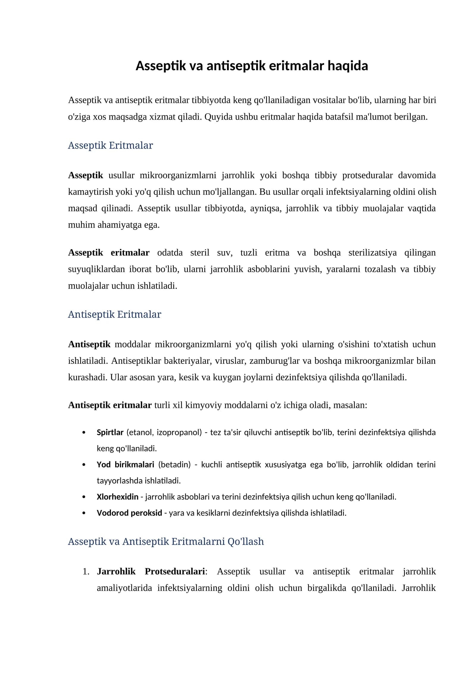 Asseptik va antiseptik eritmalar haqida