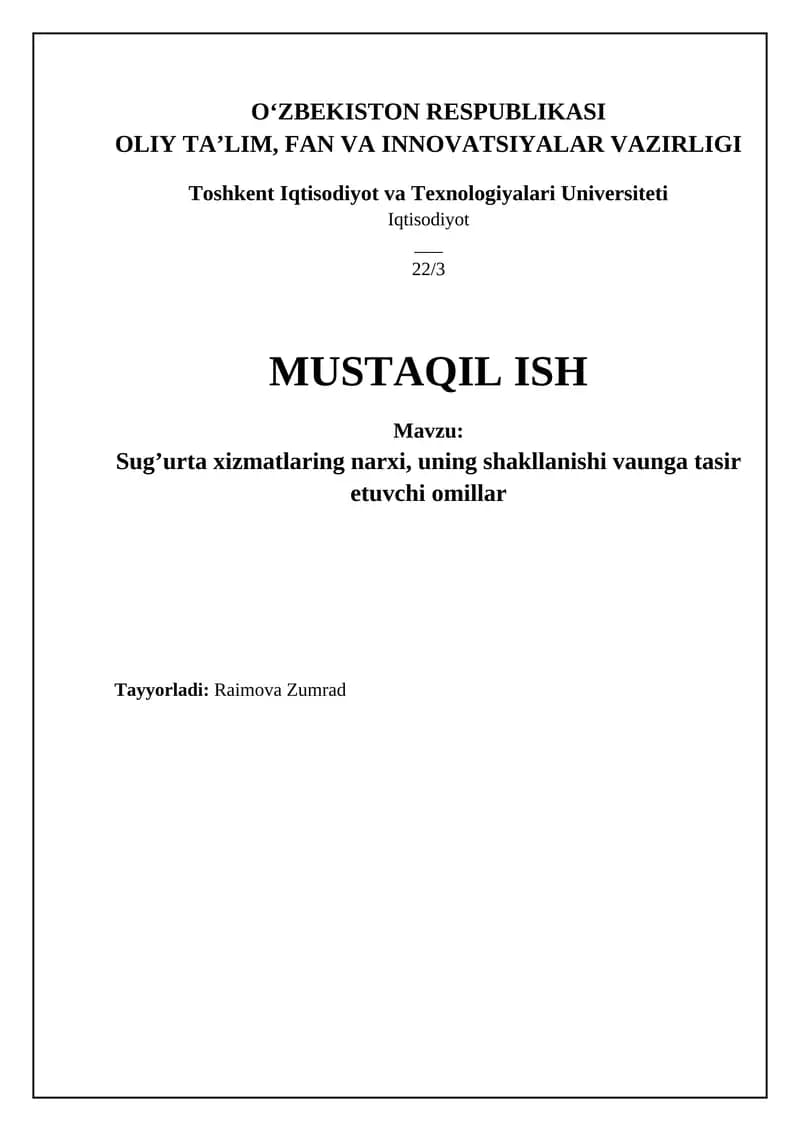 Sug'urta xizmatlari narxi: Umumiy tushuncha va shakllanish mexanizmi