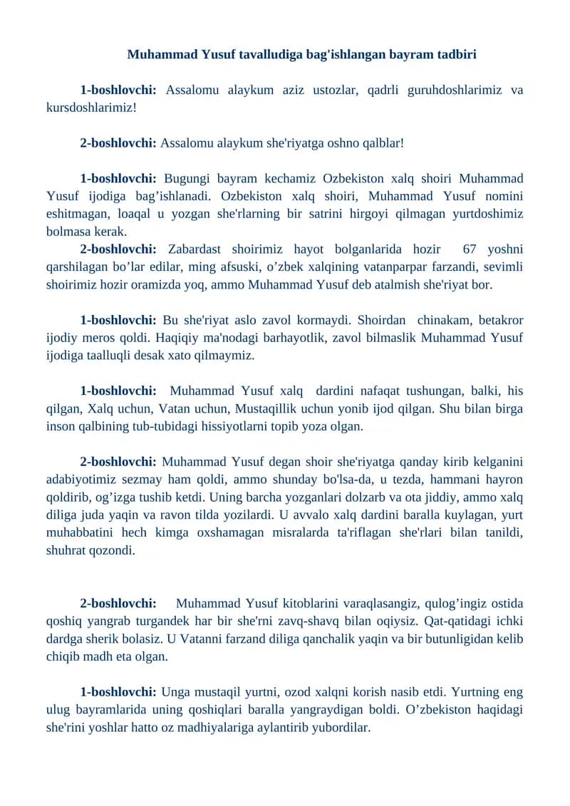 Muhammad Yusuf tavalludiga bag'ishlangan bayram tadbiri