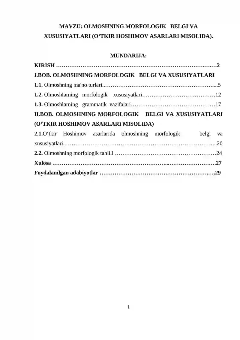 OLMOSHNING MORFOLOGIK   BELGI VA XUSUSIYATLARI (O‘TKIR HOSHIMOV ASARLARI MISOLIDA