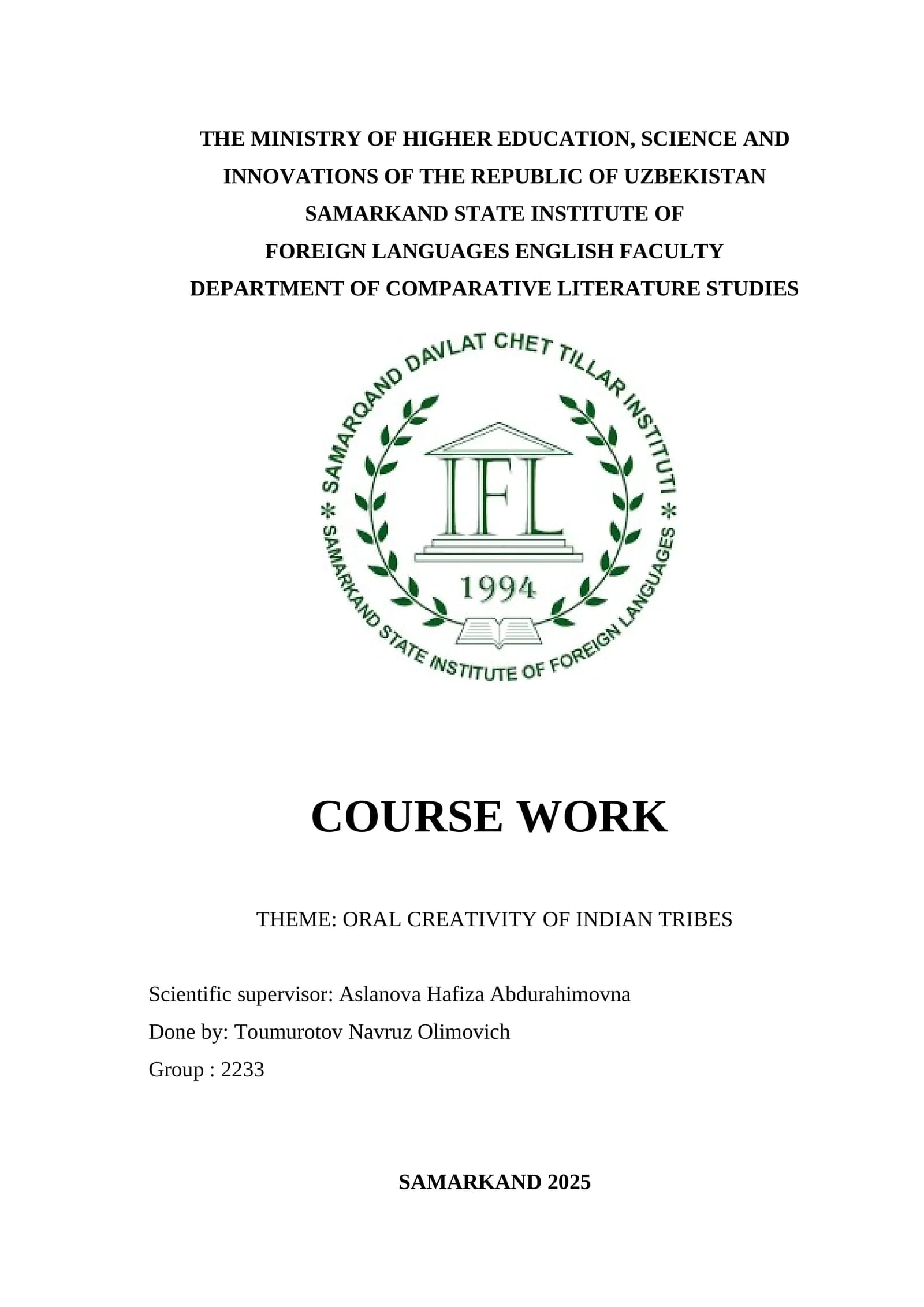 Oral Creativity of Indian Tribes