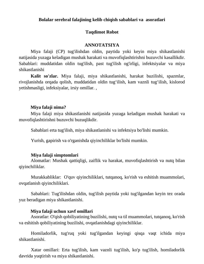 Bolalar serebral falajining kelib chiqish sabablari va asoratlari