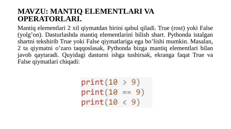 MANTIQ ELEMENTLARI VA OPERATORLARI