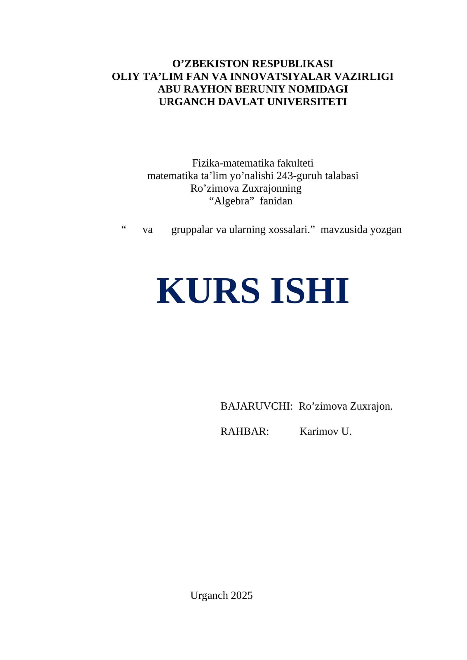 Algebra fanidan kurs ishi