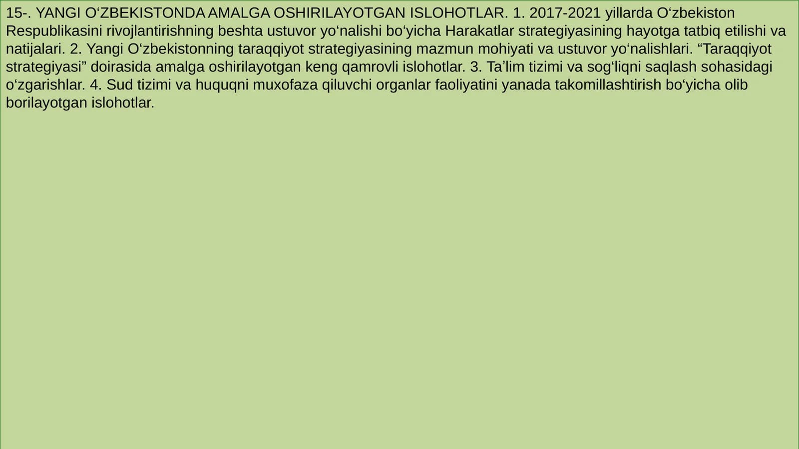 YANGI O‘ZBEKISTONDA AMALGA OSHIRILAYOTGAN ISLOHOTLAR
