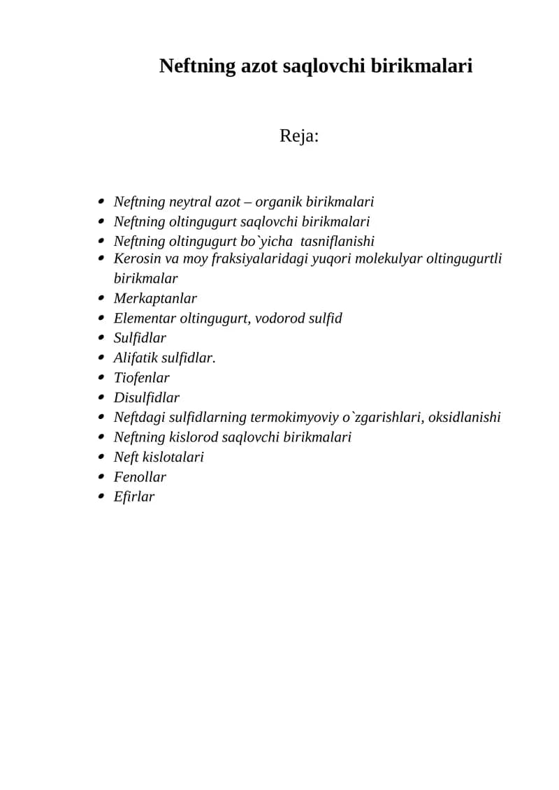 Neftning Azot Saqlovchi Birikmalari