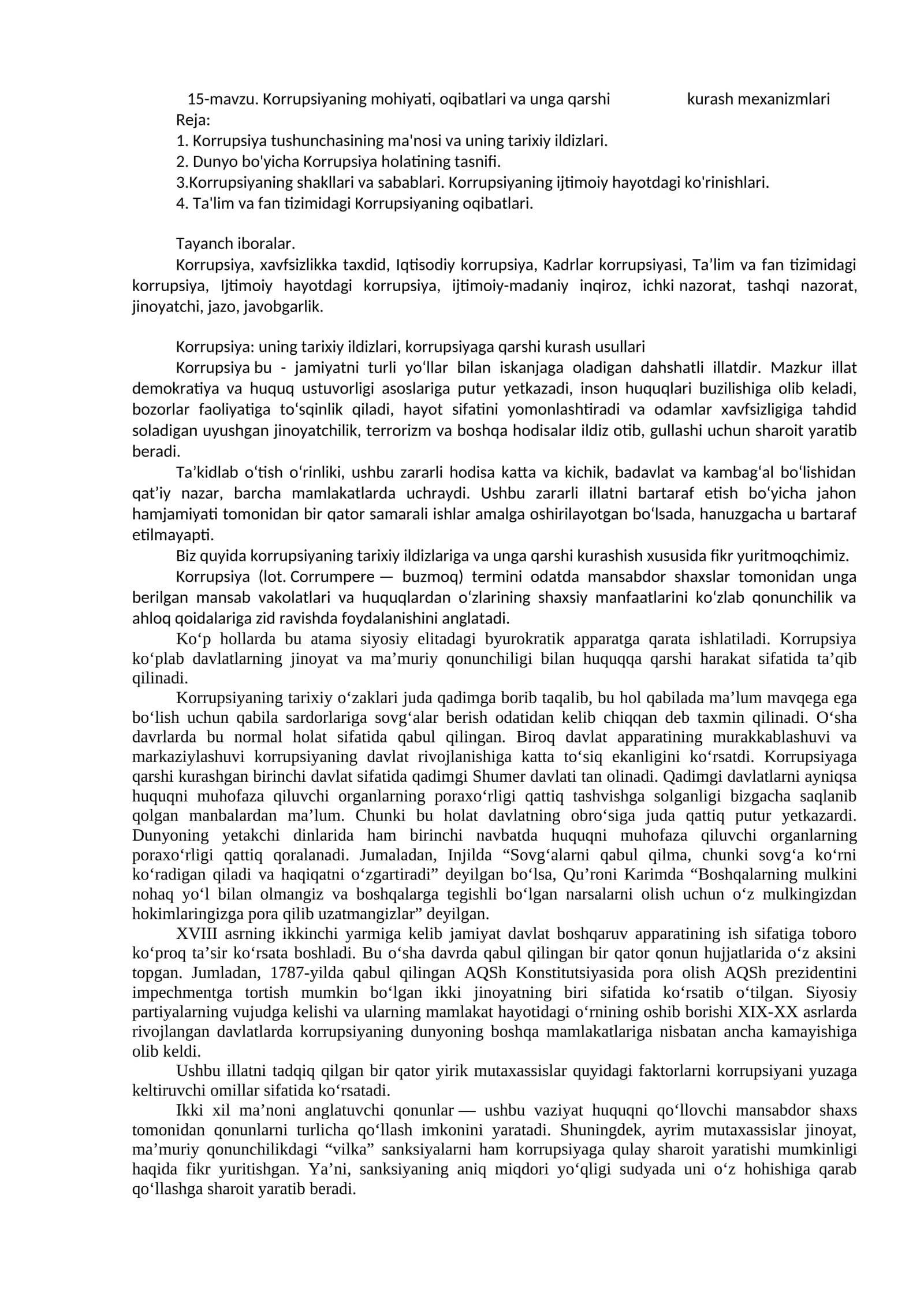 Korrupsiyaning mohiyati, oqibatlari va unga qarshi kurash mexanizmlari