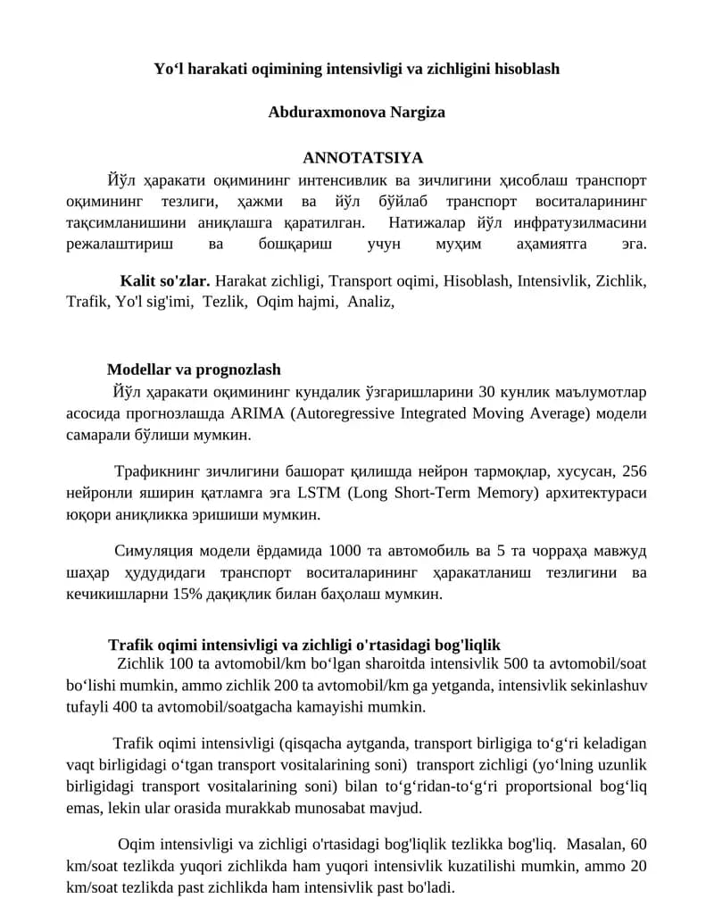 Yoʻl harakati oqimining intensivligi va zichligini hisoblash