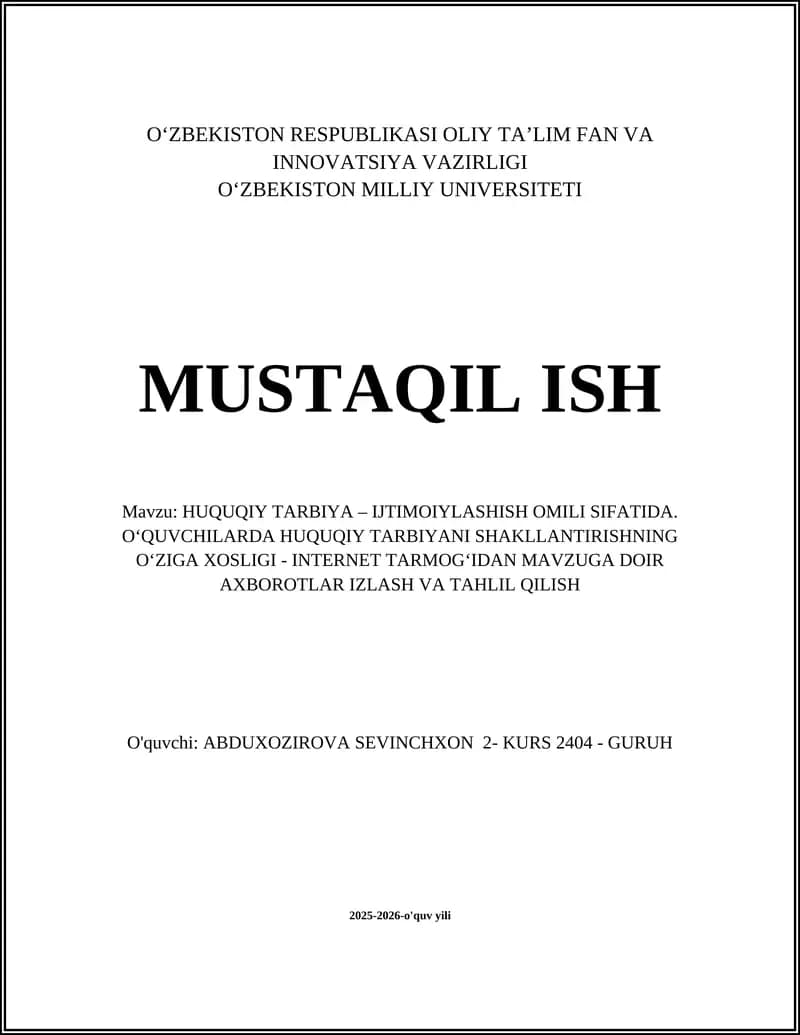 HUQUQIY TARBIYA – IJTIMOIYLASHISH OMILI SIFATIDA