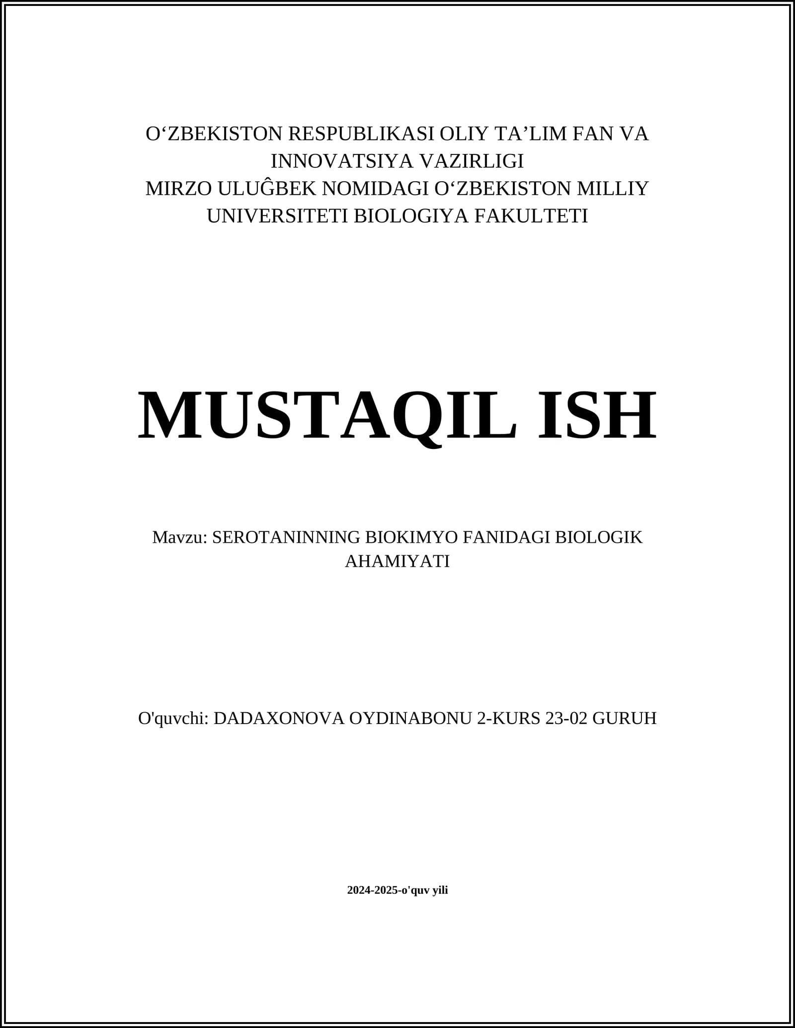 SEROTANINNING BIOKIMYO FANIDAGI BIOLOGIK AHAMIYATI