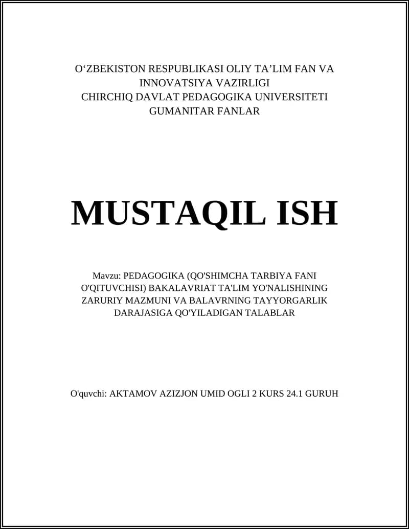 PEDAGOGIKA (QO'SHIMCHA TARBIYA FANI O'QITUVCHISI) BAKALAVRIAT TA'LIM YO'NALISHI