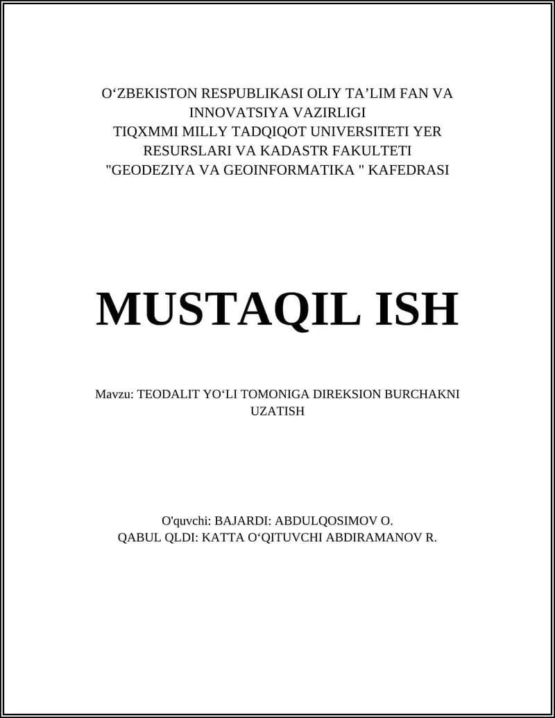 TEODALIT YOʻLI TOMONIGA DIREKSION BURCHAKNI UZATISH