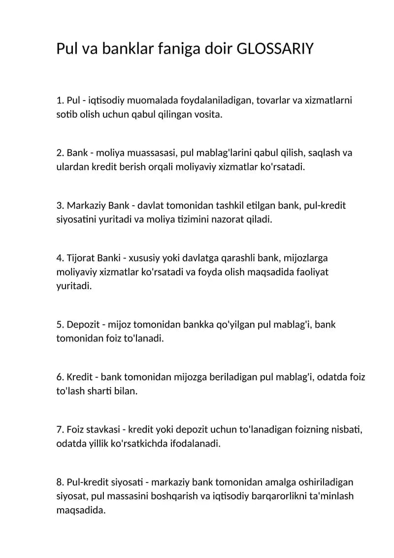 Pul va banklar faniga doir GLOSSARIY