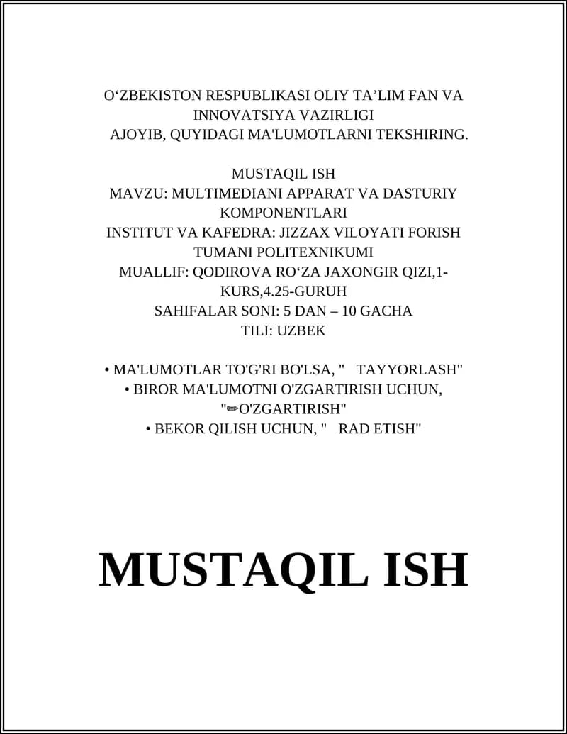 MULTIMEDIYAGA OID APPARAT VA DASTURIY KOMPONENTLARI