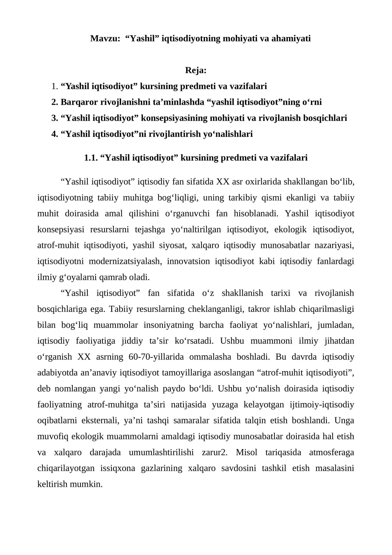 “Yashil” iqtisodiyotning mohiyati va ahamiyati