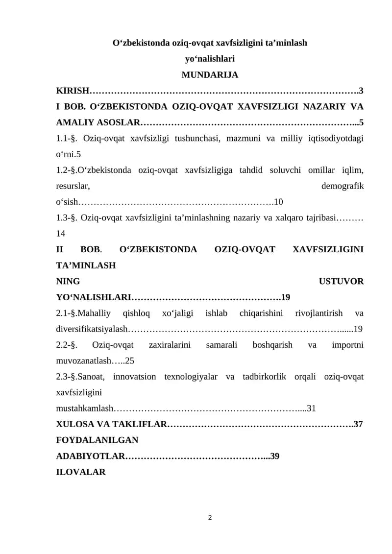 O‘zbekistonda oziq-ovqat xavfsizligini ta’minlash
