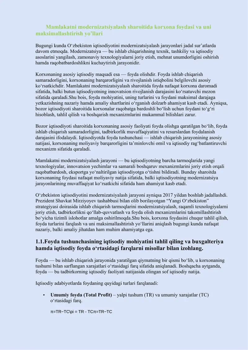 Mamlakatni modernizatsiyalash sharoitida korxona foydasi va uni  maksimallashtirish yo’llari