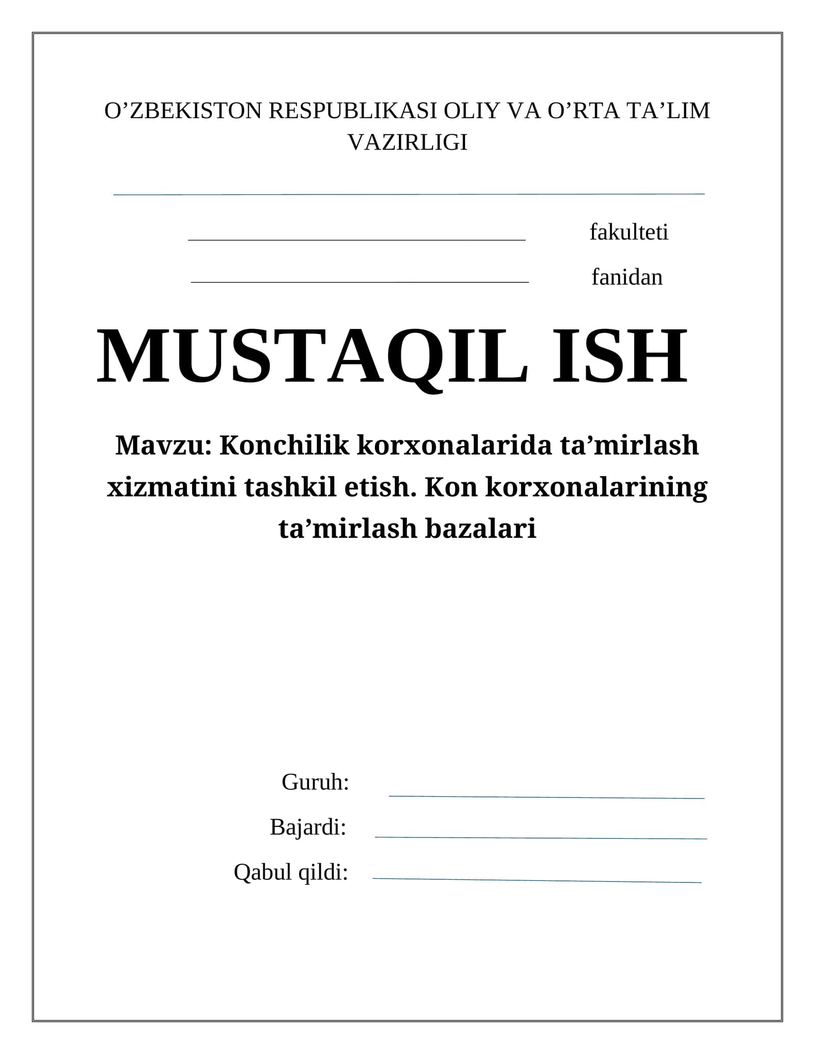 Konchilik korхonalarida ta’mirlash хizmatini tashkil etish