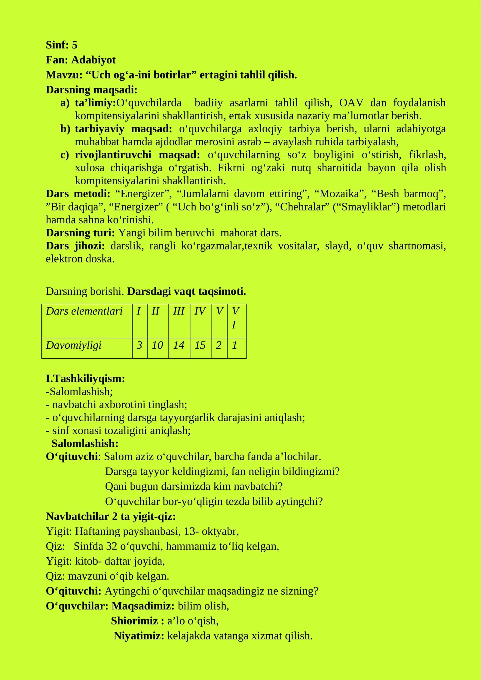 “Uch og‘a-ini botirlar” ertagini tahlil qilish