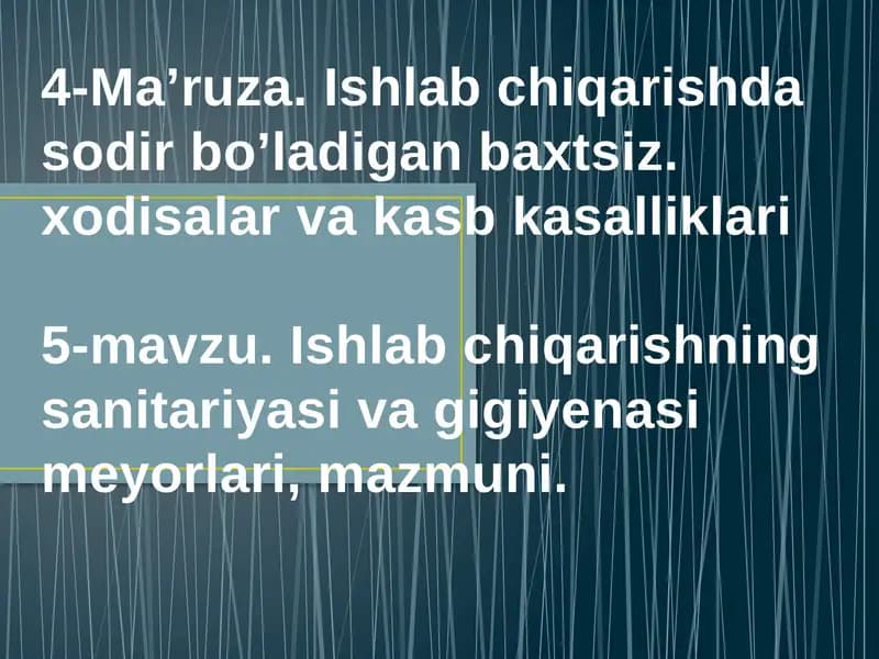 Ishlab chiqarishning sanitariyasi va gigiyenasi meyorlari