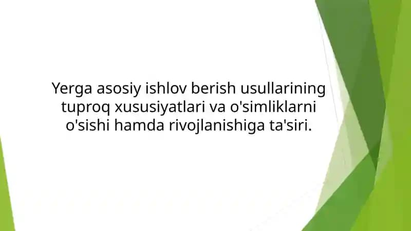 Yerga asosiy ishlov berish usullarining tuproq xususiyatlari va o'simliklarni o'sishi hamda rivojlanishiga ta'siri.