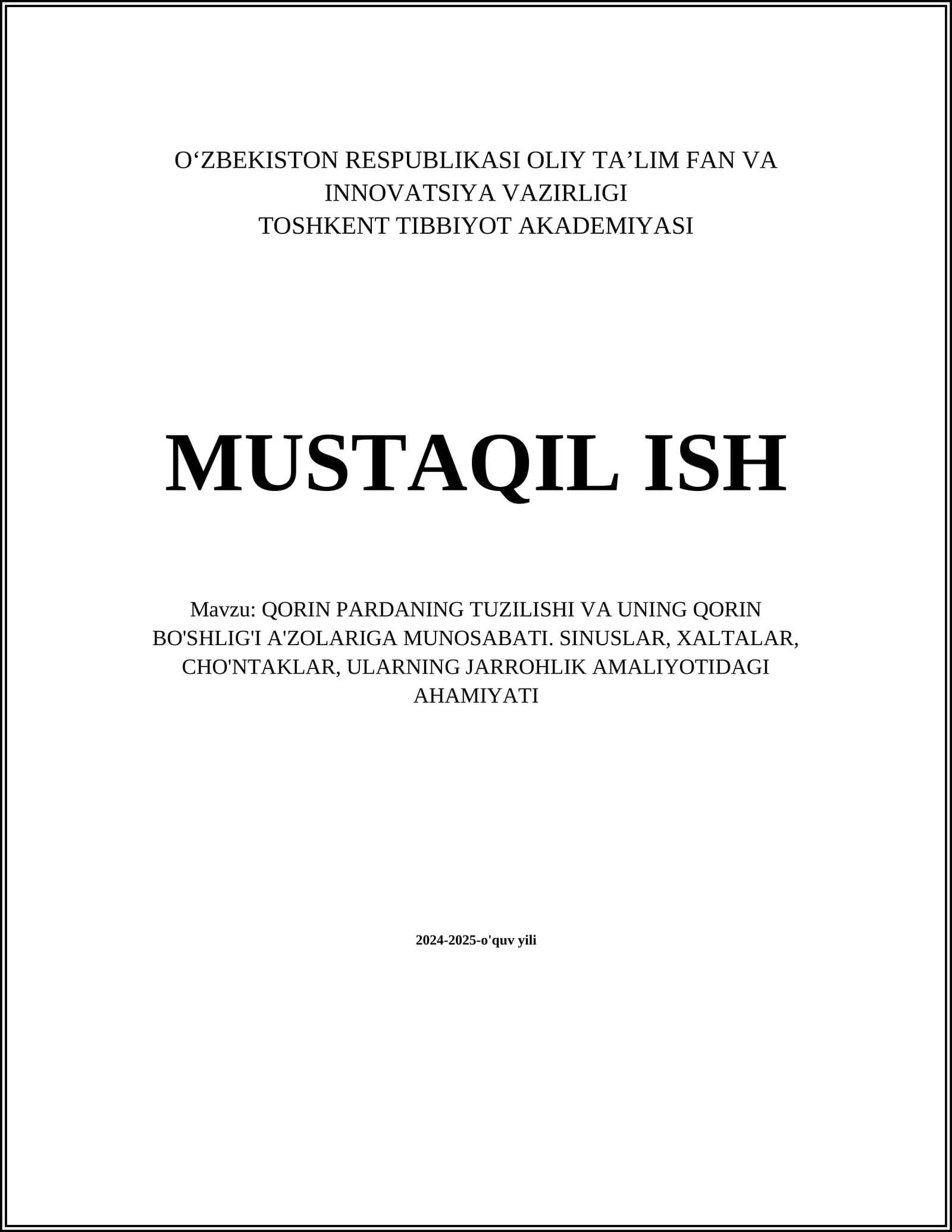 QORIN PARDANING TUZILISHI VA UNING QORIN BO'SHLIG'I A'ZOLARIGA MUNOSABATI
