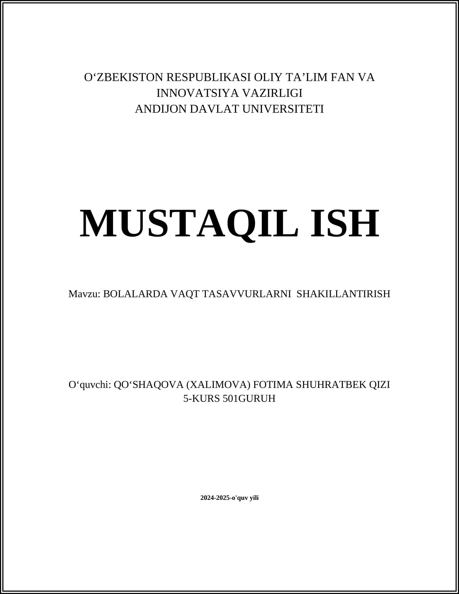 BOLALARDA VAQT TASAVVURLARNI SHAKILLANTIRISH