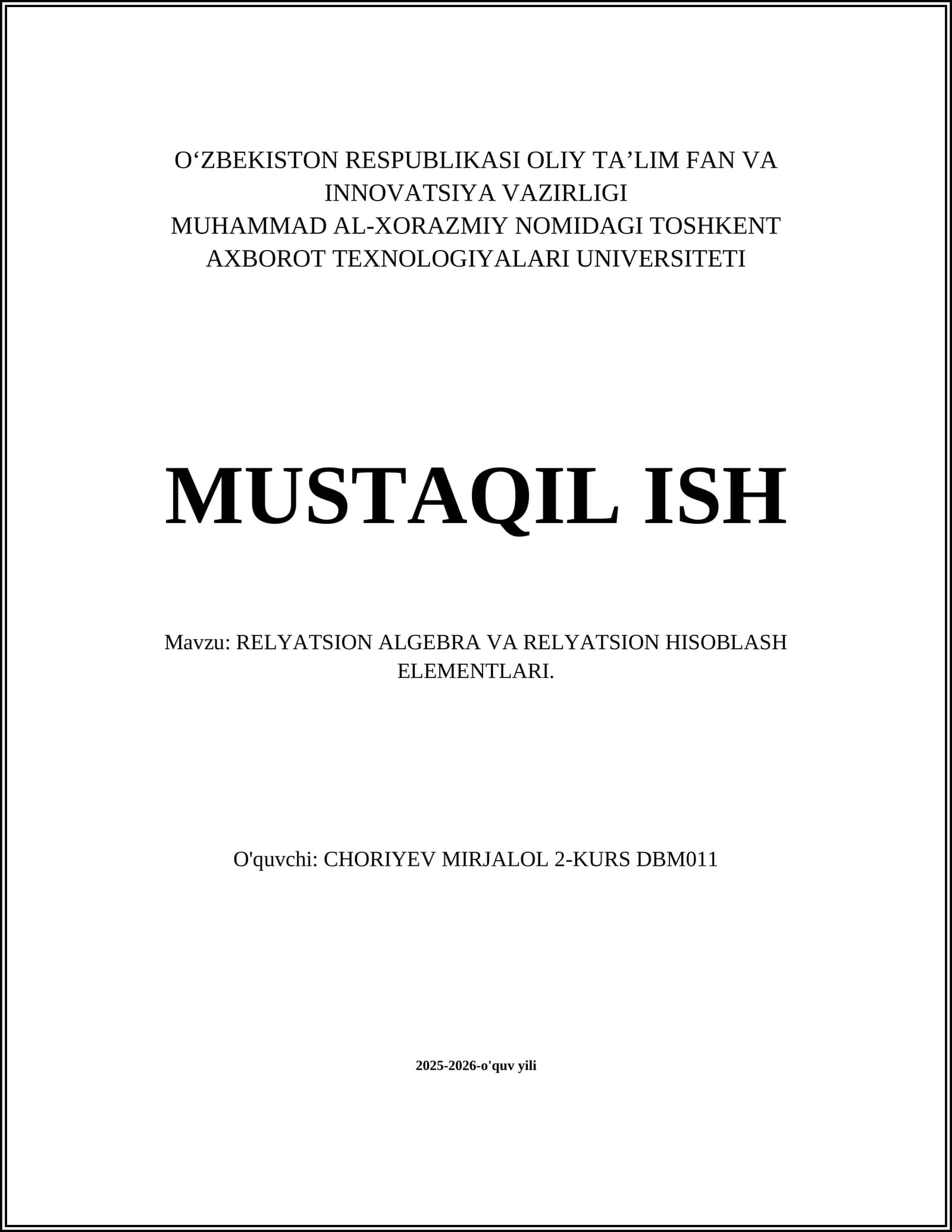 RELYATSION ALGEBRA VA RELYATSION HISOBLASH ELEMENTLARI