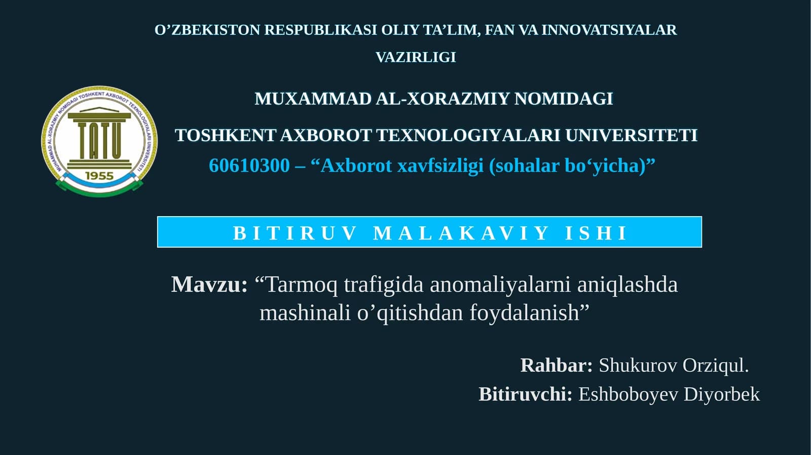 Tarmoq trafigida anomaliyalarni aniqlashda mashinali o’qitishdan foydalanish