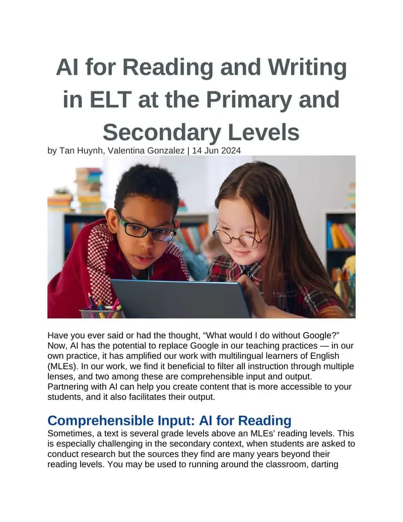 AI for Reading and Writing in ELT at the Primary and Secondary Levels