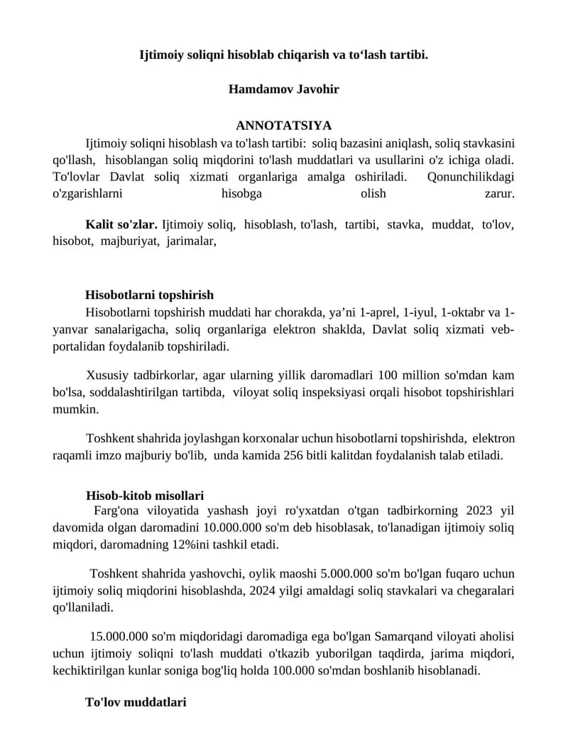 Hisoblash va to'lash tartibi