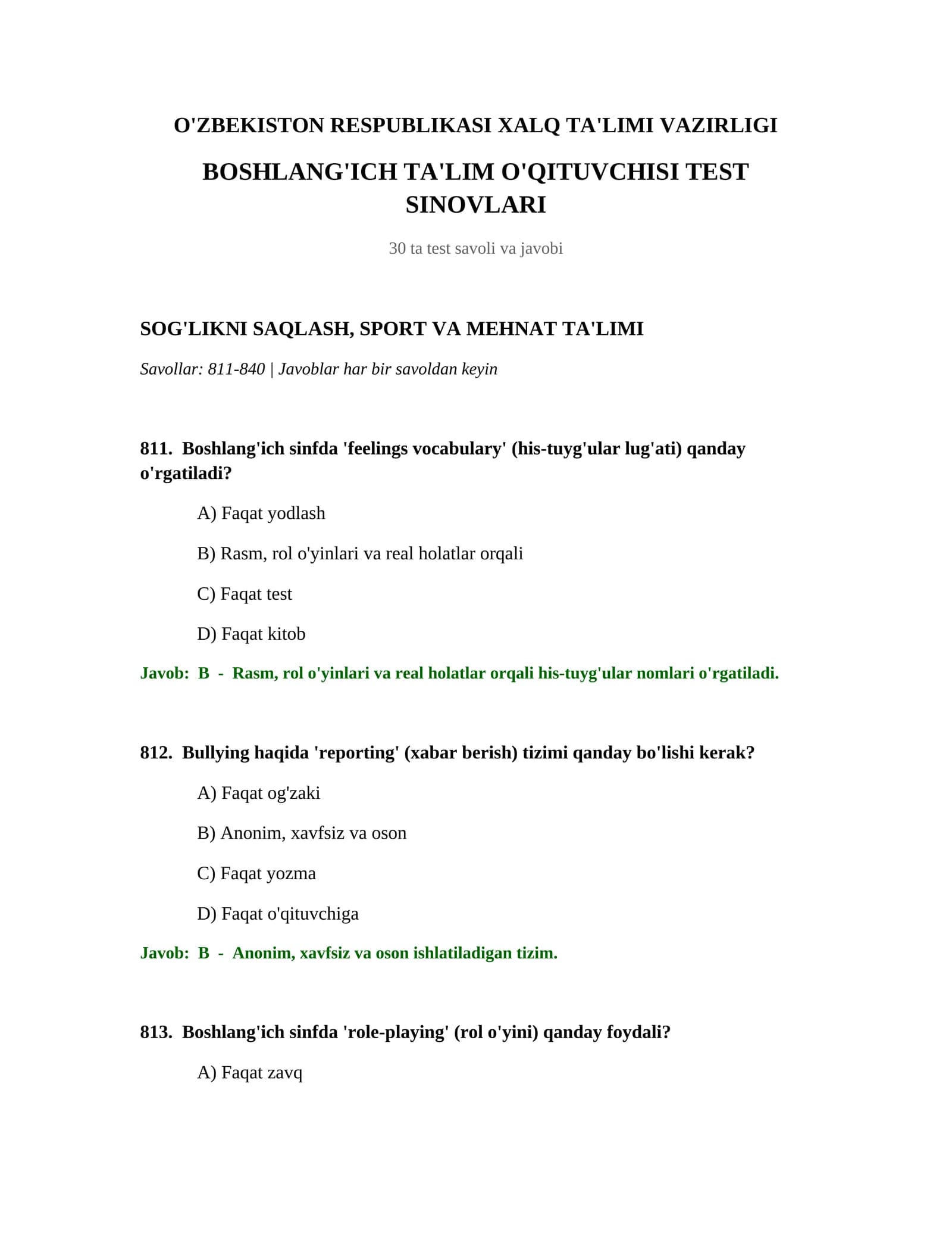 BOSHLANG'ICH TA'LIM O'QITUVCHISI TEST SINOVLARI