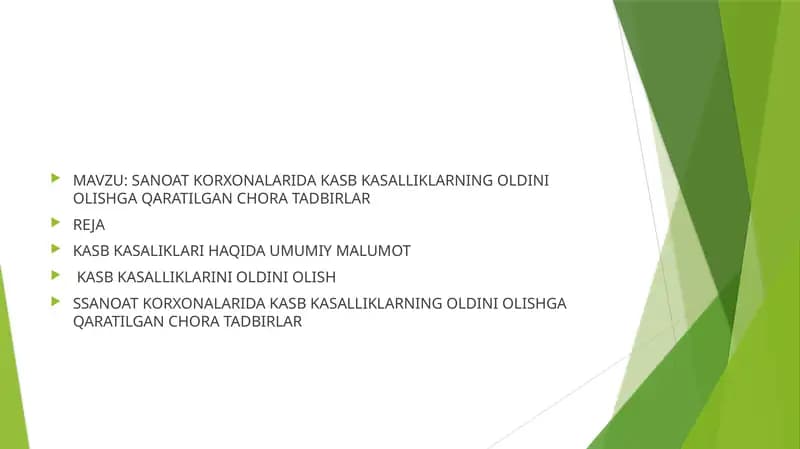 SANOAT KORXONALARIDA KASB KASALLIKLARNING OLDINI OLISHGA QARATILGAN CHORA TADBIRLAR