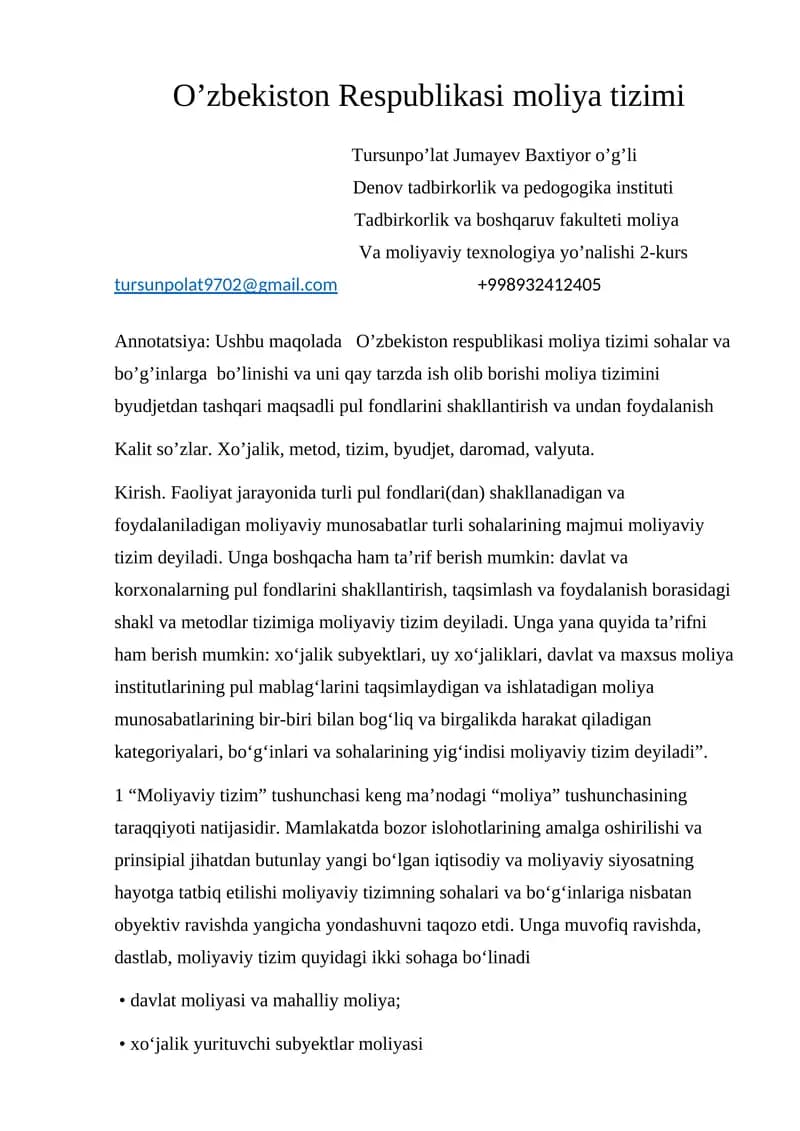 O’zbekiston Respublikasi moliya tizimi