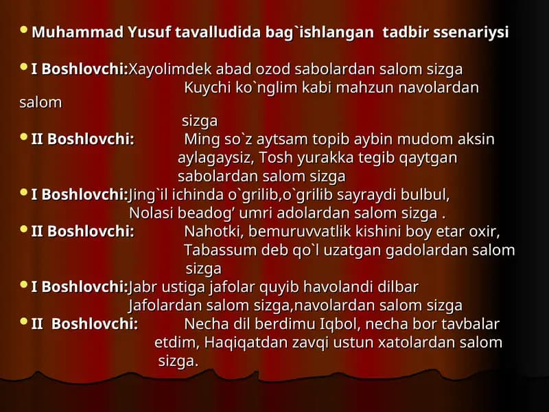 Muhammad Yusuf tavalludida bag`ishlangantadbir ssenariysi