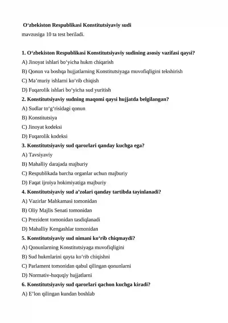 O‘zbekiston Respublikasi Konstitutsiyaviy sudi testlar