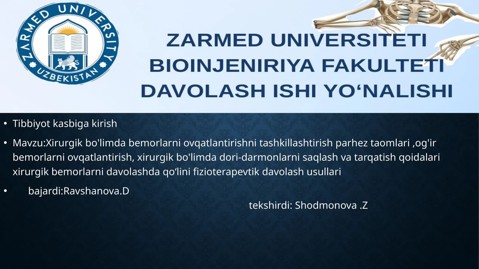 Xirurgik bo'limda bemorlarni ovqatlantirishni tashkillashtirish parhez taomlari, og'ir bemorlarni ovqatlantirish, xirurgik bo'limda dori-darmonlarni saqlash va tarqatish qoidalari xirurgik bemorlarni davolashda qo'linfizioterapevtik davolash usullari