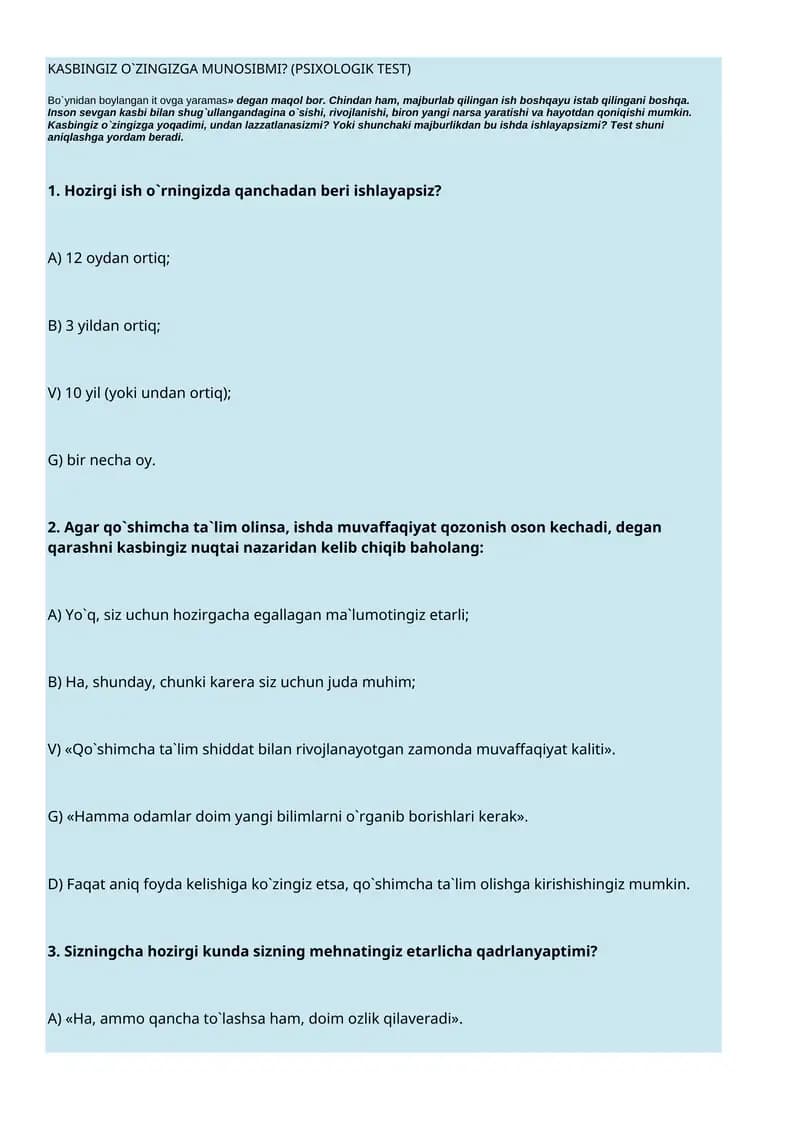 KASBINGIZ O`ZINGIZGA MUNOSIBMI? (PSIXOLOGIK TEST)