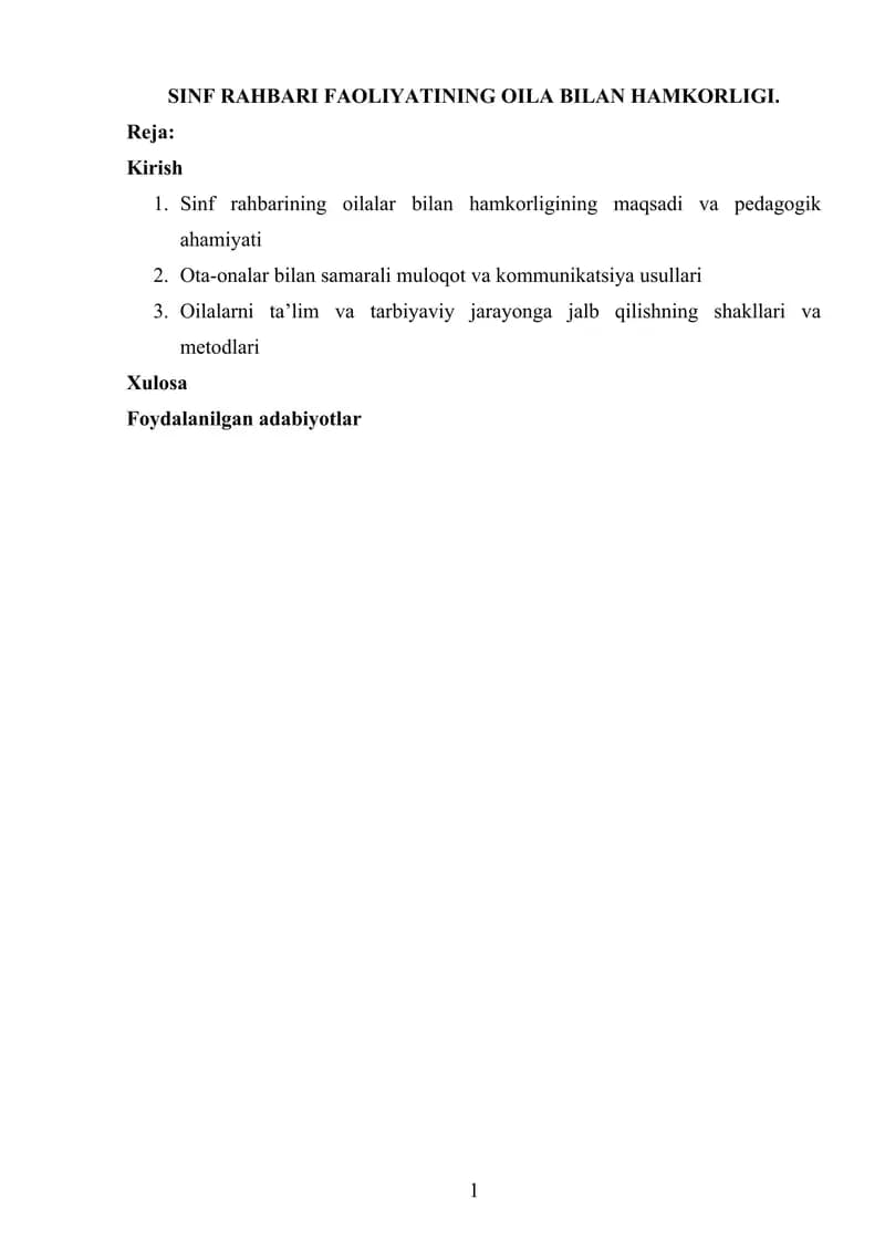 Sinf Rahbari Faoliyating Oila Bilan Hamkorligi