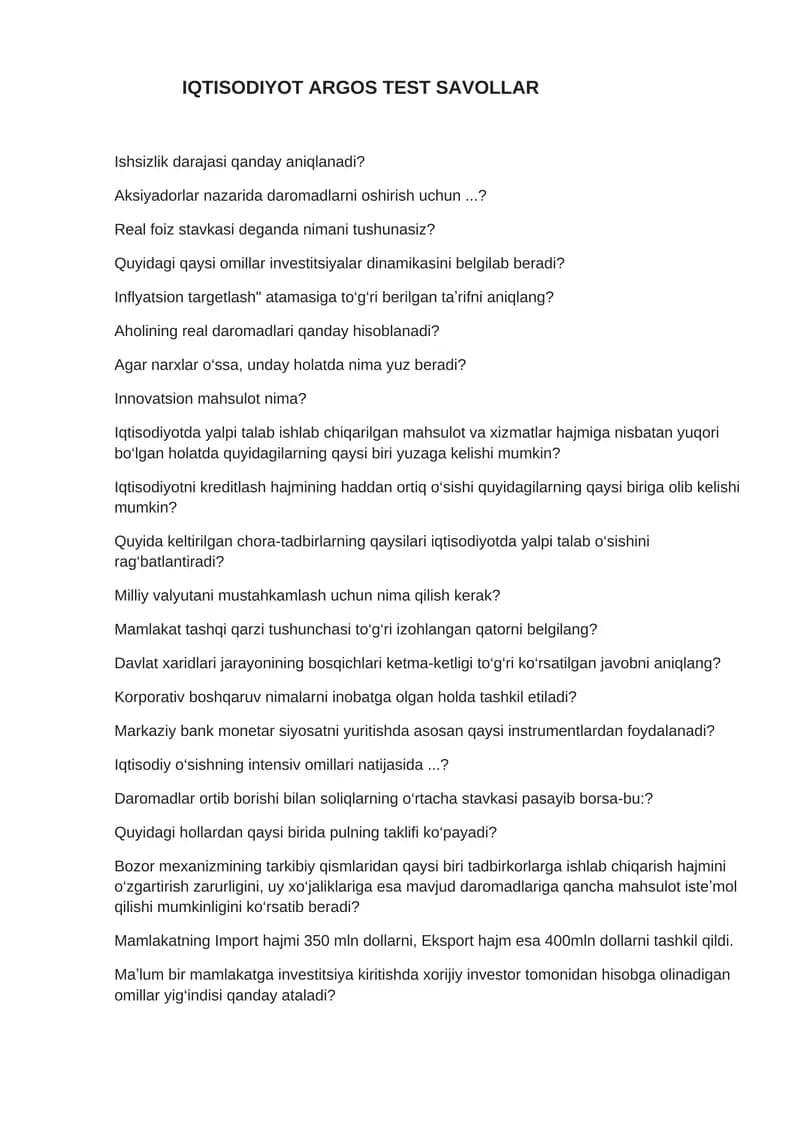 Iqtisodiyot ARGOS test savollari