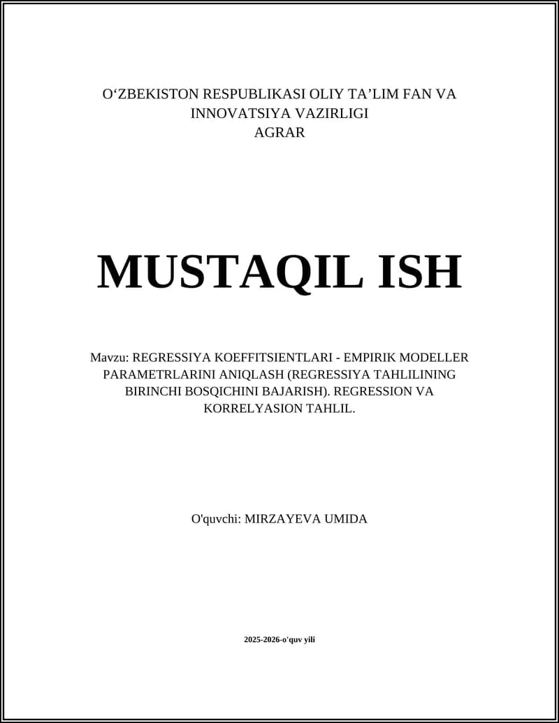 REGRESSIYA KOEFFITSIENTLARI - EMPIRIK MODELLER PARAMETRLARINI ANIQLASH