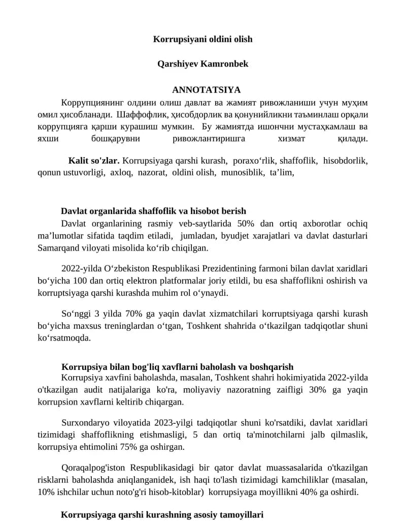 Korrupsiyani oldini olish