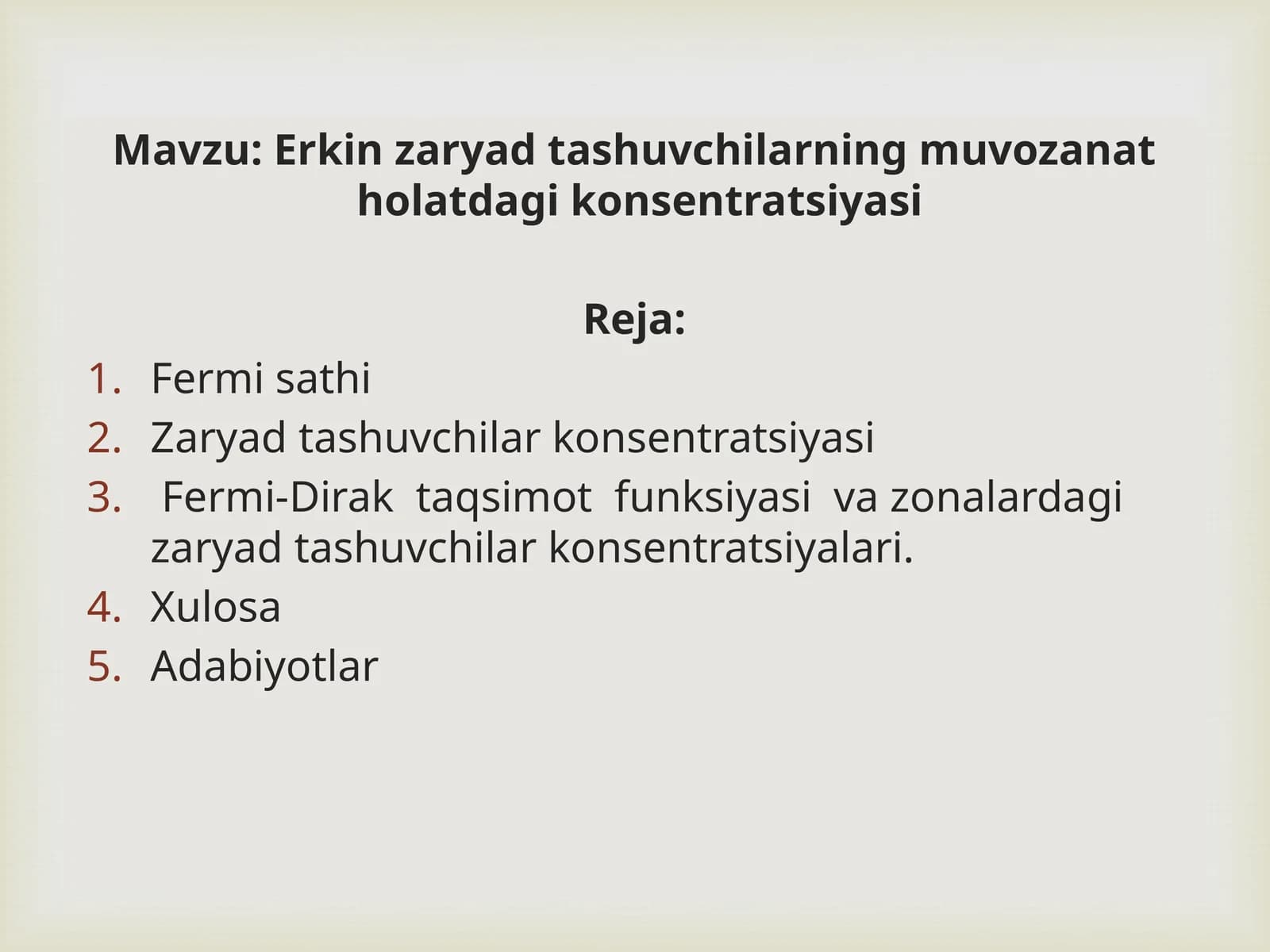 Erkin zaryad tashuvchilarning muvozanat holatdagi konsentratsiyasi