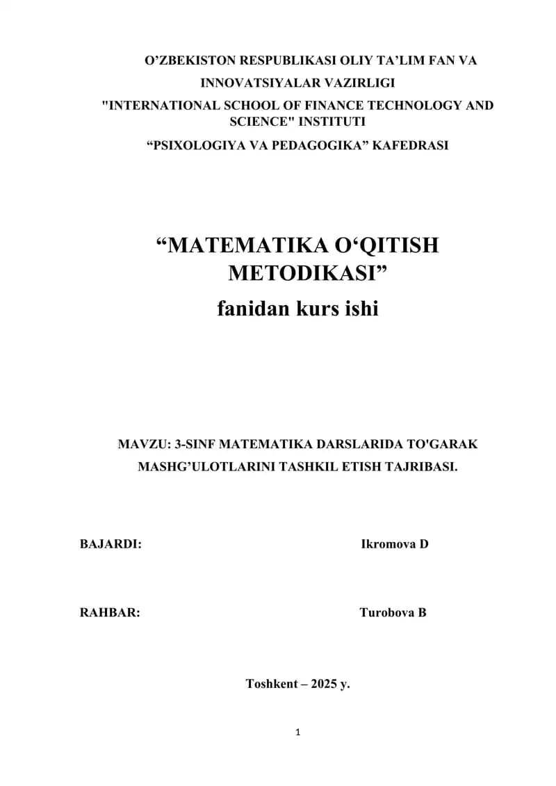 3-SINF MATEMATIKA DARSLARIDA TO'GARAK MASHG’ULOTLARINI TASHKIL ETISH TAJRIBASI.