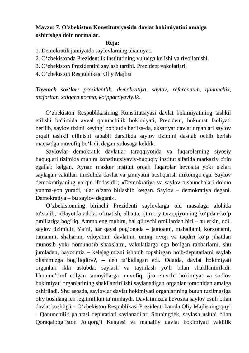 O‘zbekiston Konstitutsiyasida Davlat Hokimiyati